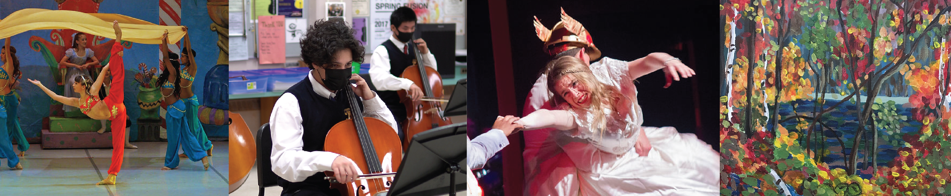 First image consists of 5 students dancing on stage.  Second image consists of 2 students playing strings instruments. Third image is 2 students acting on stage. Forth image is an abstract painting. 