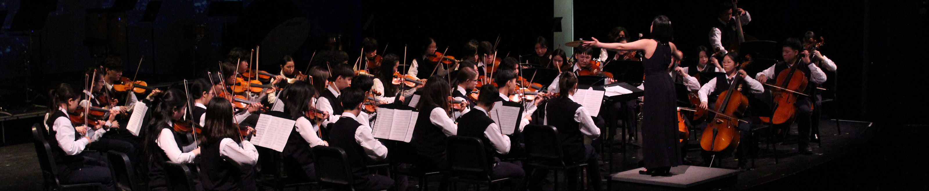 A group of students in uniform holding different strings instruments.