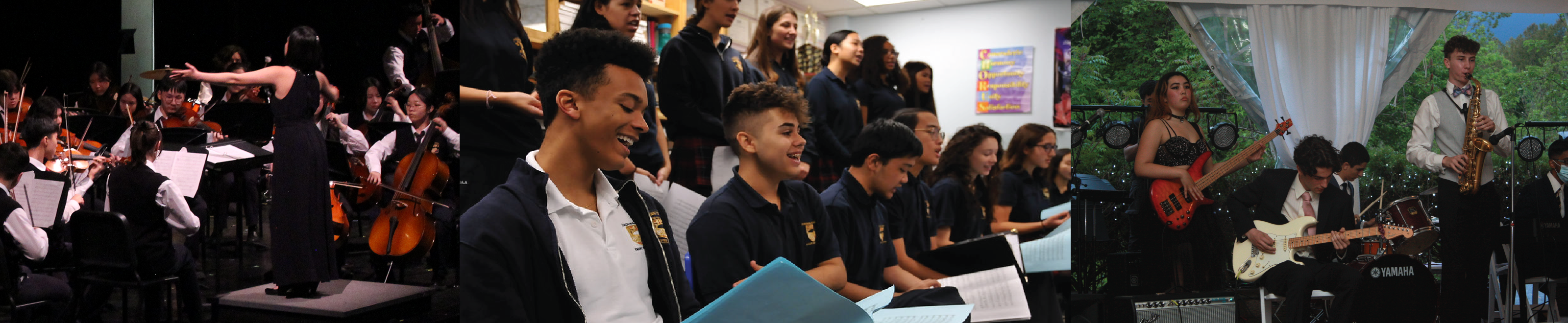 The left image consists of an orchestra of strings students being conducted in a performance. The middle image consists of a group of students singing vocal. The right image consists of a band playing at an event.