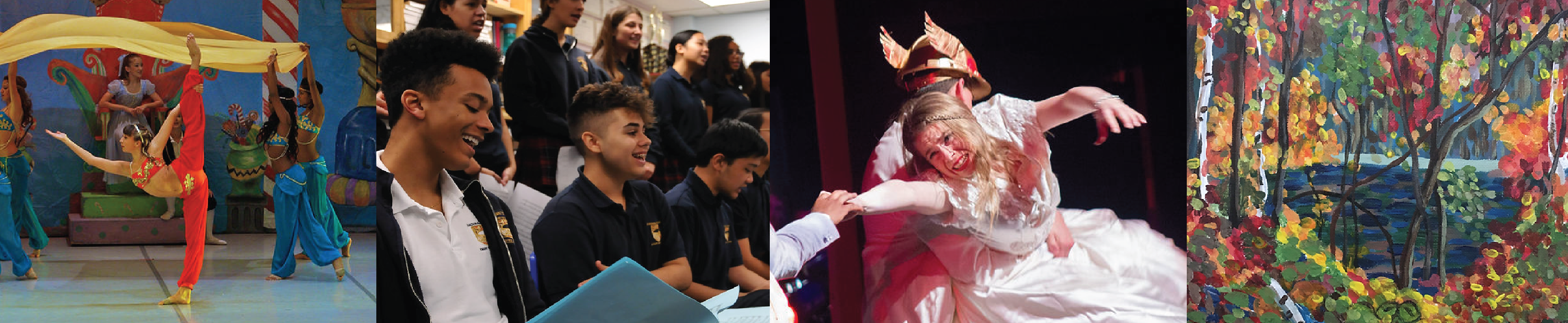 First image consists of 5 students dancing on stage. Second image consists of students singing in choir. Third image is 2 students acting on stage. Forth image is an abstract painting.