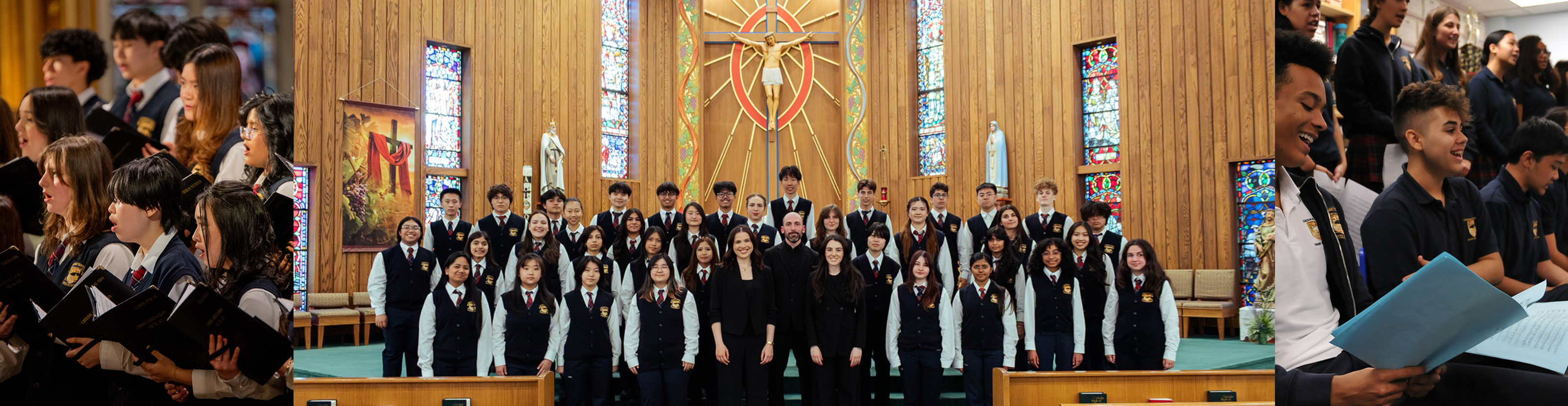 A banner made of three photos side by side. The first and third photos are of a group of choir students singing together. The middle photo is a wide group photo of the choir students and their teachers in the chapel, with a statue of Jesus on the wall behind them