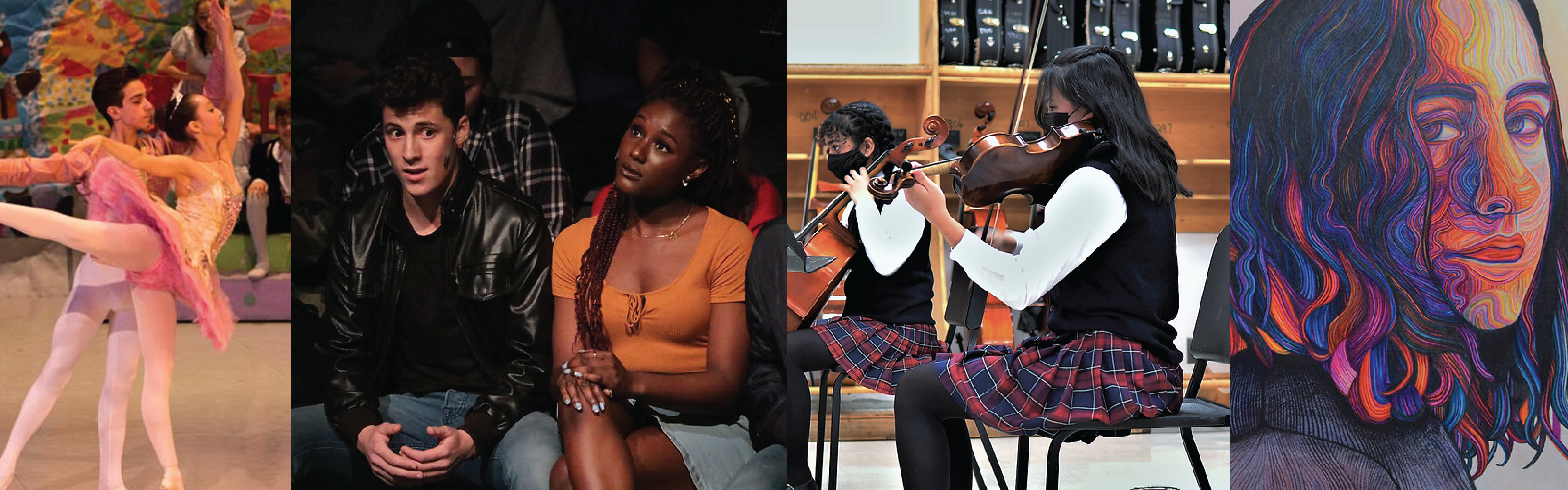 A collage of four photos. From left to right: the first image displays two student dancers performing ballet, the female dancer kicking out her leg to the left. Second image shows two students acting in a drama play. Third image shows two students in uniform sitting to play the cello and viola. Final image shows a student portrait drawn with many colourful lines. 