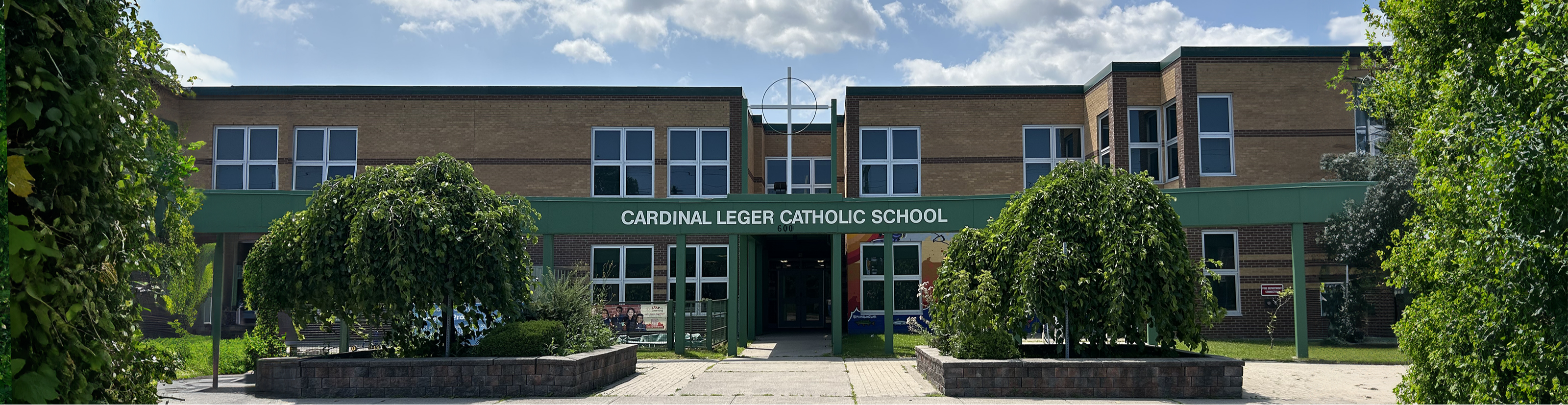 The front of the school building.