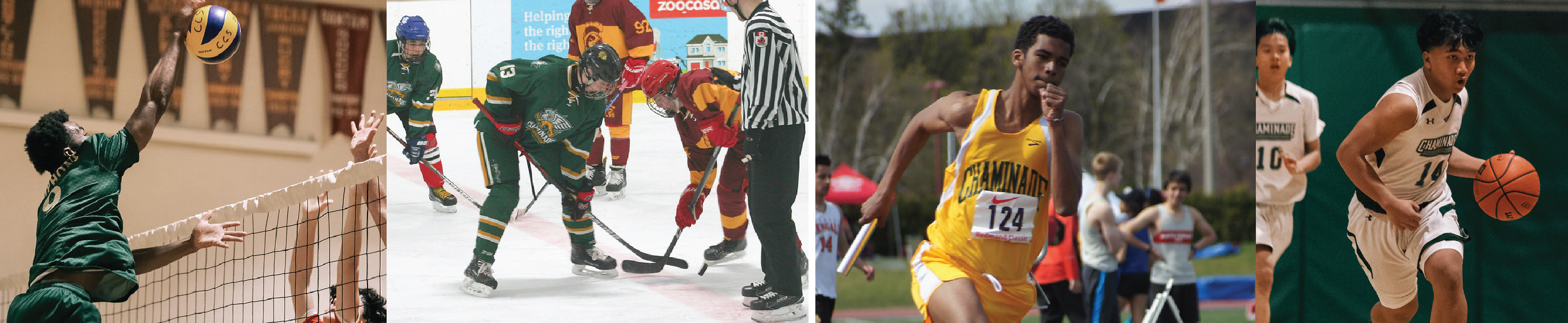4 images of students competing in  volleyball, hockey, track and basketball.