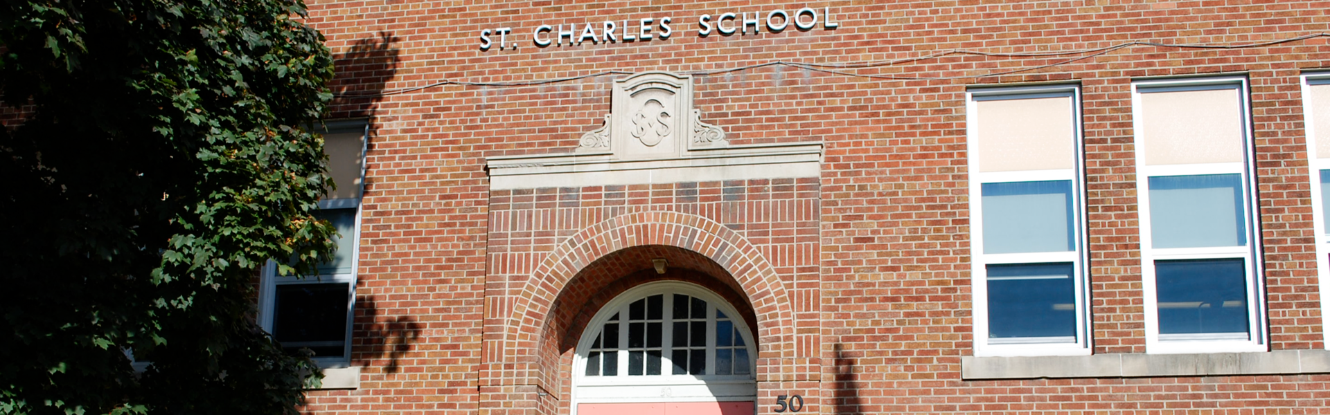 The front of the school building.