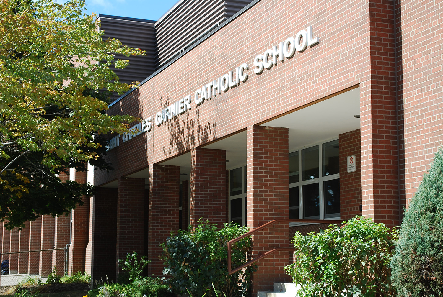 The front of the school building.