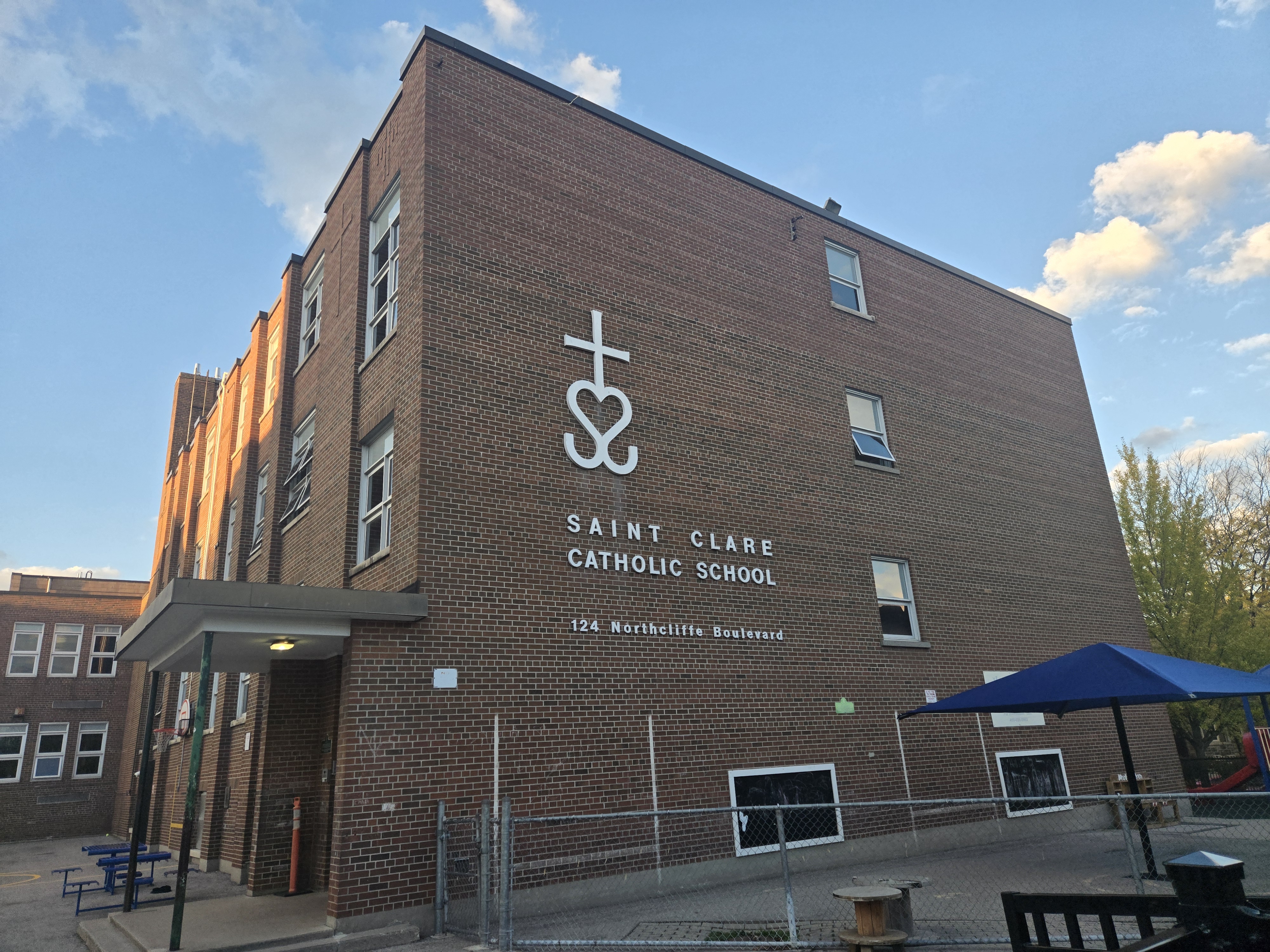 The front of the school building.