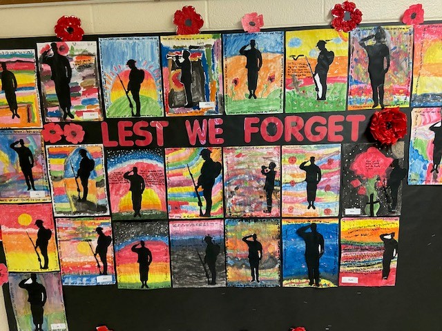 Lest We Forget collaborative art display for Remembrance Day showcasing student artwork