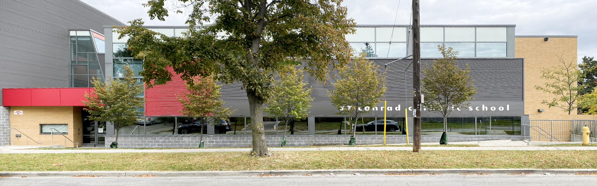 The front of the school building.