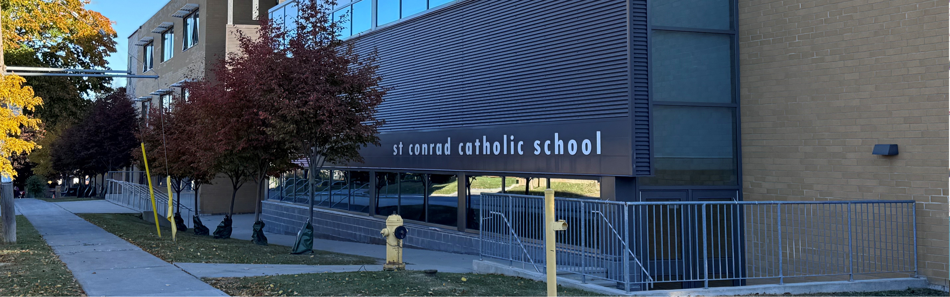 The front of the school building.