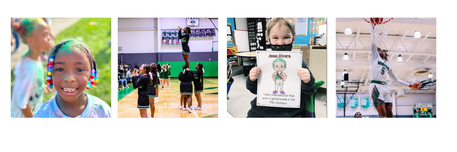 two girls in a color activity, Cheerleaders at a game, Student showing a picture he colored of jessie Owens, student dunking a basketball, and  