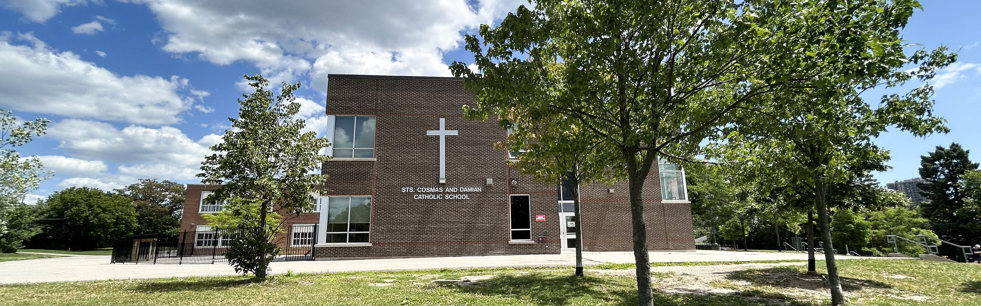 The front of the Sts. Cosmas and Damian Catholic School building.