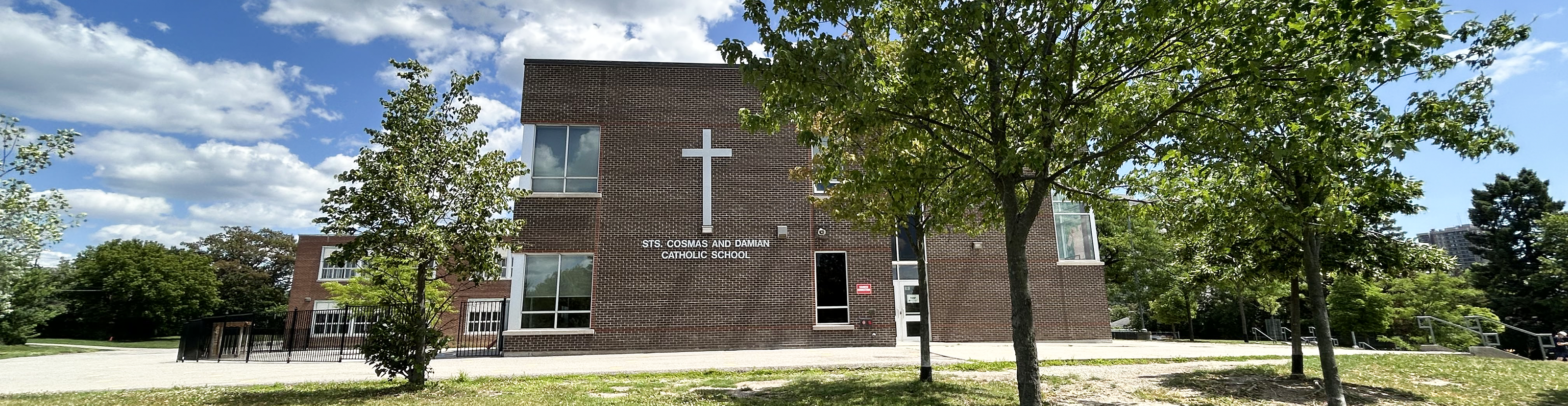 The front of the school building.