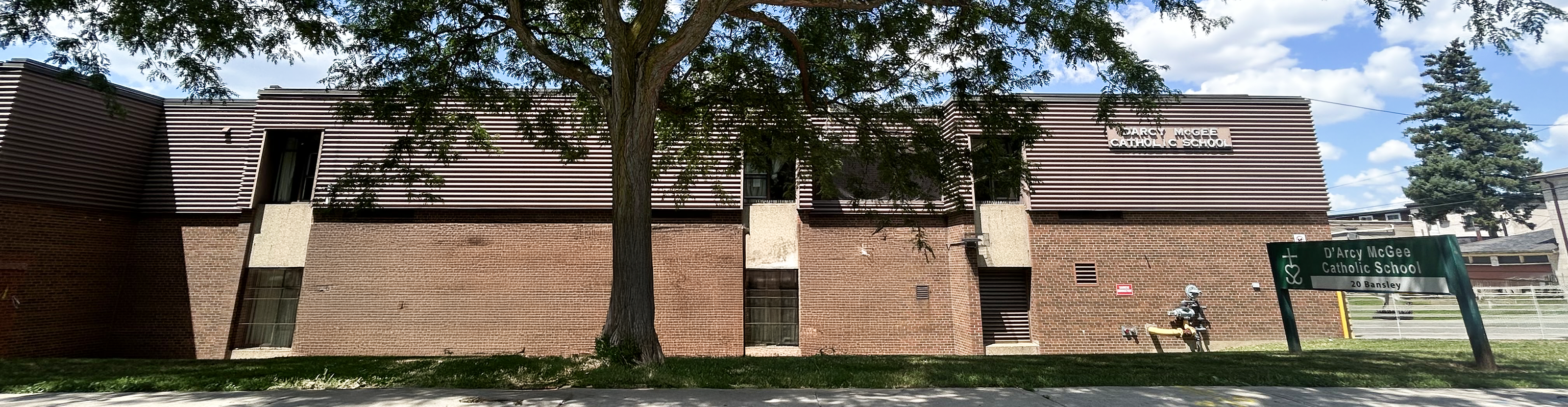 The front of the school building.