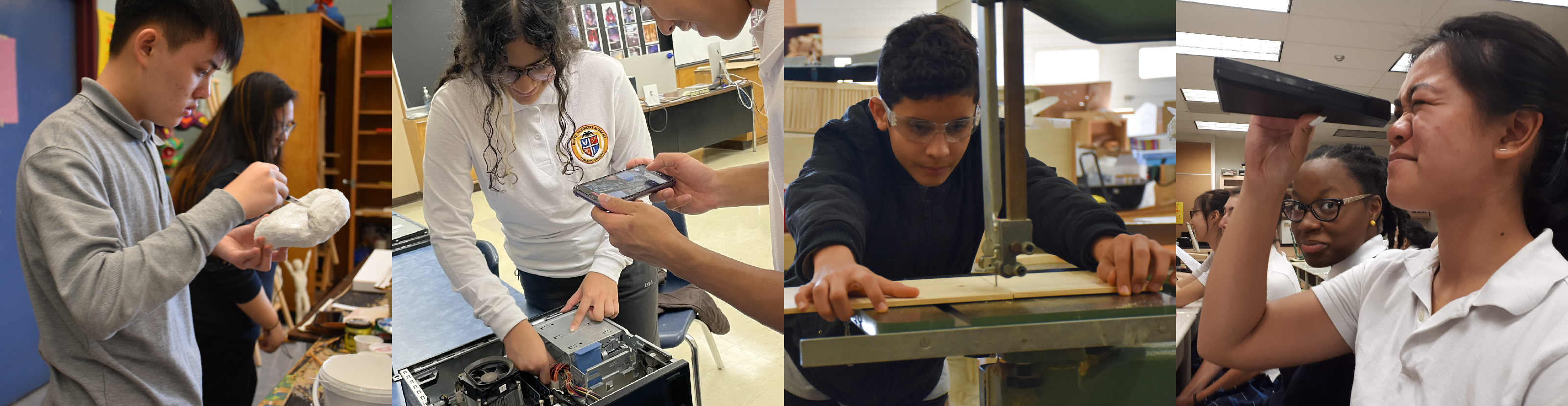 Photo of four students in uniform sculpting, examining a torndown CPU, working in the wood shop, and looking through a device in class.
