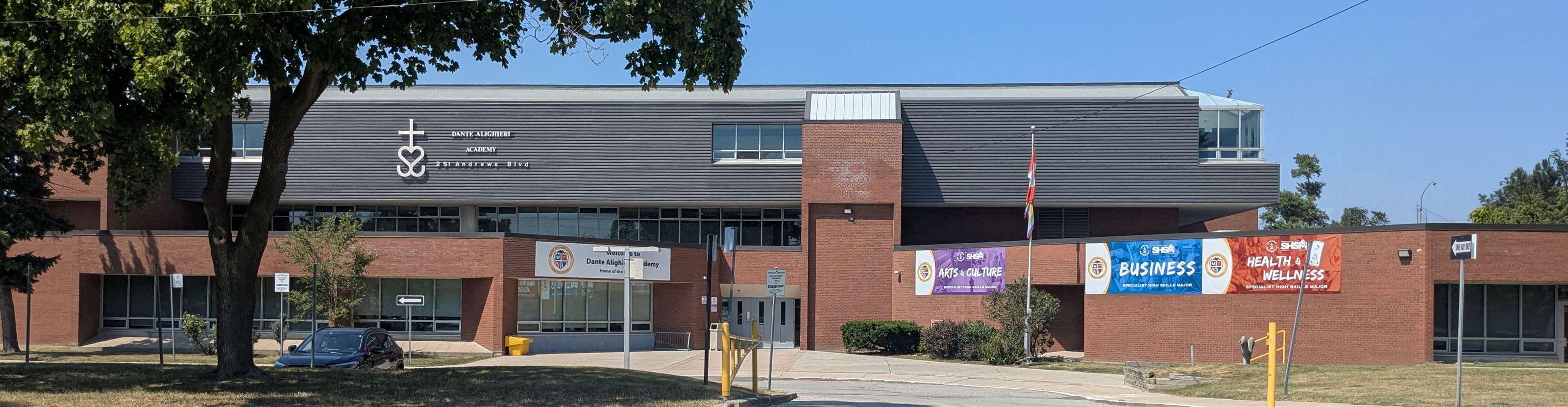 The front of the school building.
