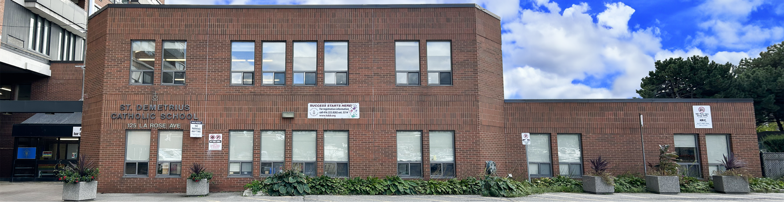 The front of the school building.