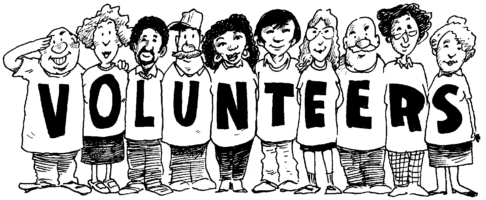 Cartoon Drawing of parents with t-shirts  spelling Volunteers