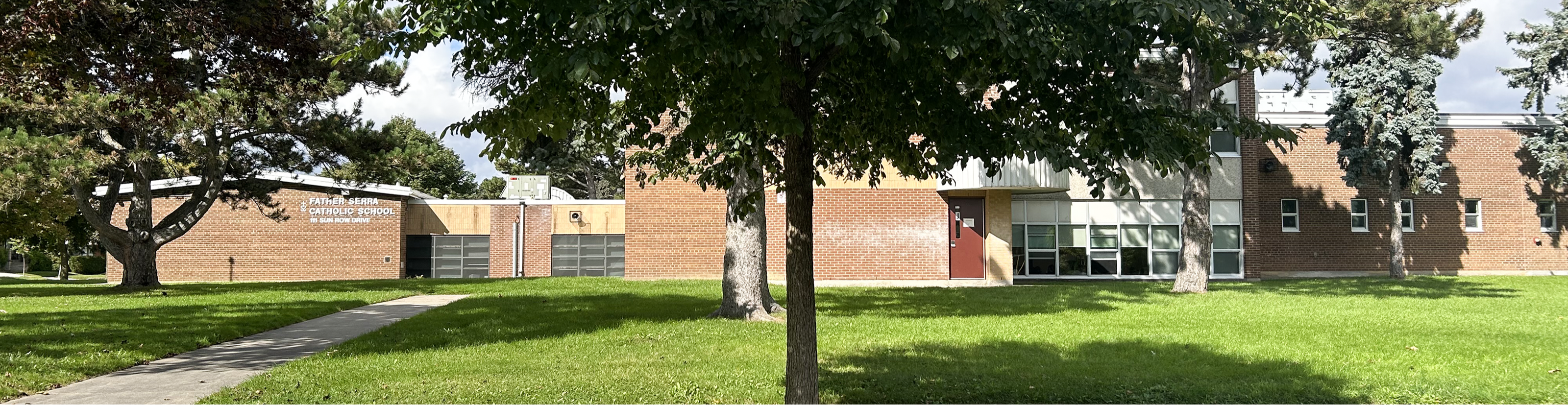 The front of the school building.