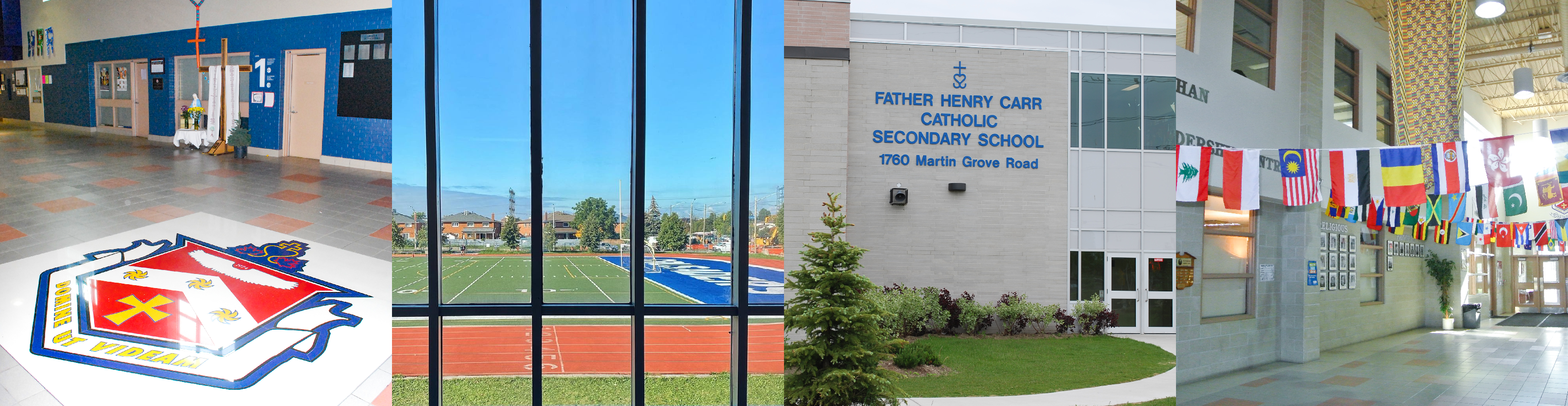 Four photos of the Father Henry Carr gymnasium, sports field, front of the school building, and entrance hallway.