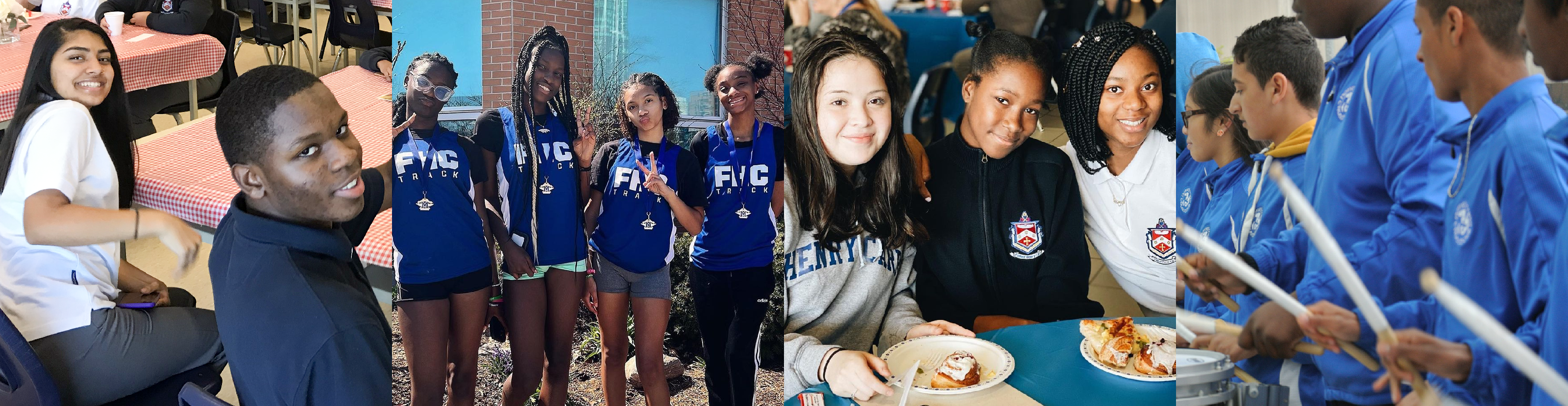 A banner made of four photos. The first photo is of two students in school uniform in class. The second photo is of four students in track and field jerseys wearing their winning medals. The third photo is of three students in school uniform sitting around a table eating food. The fourth photo is of the Father Henry Carr drumline performing on the field.