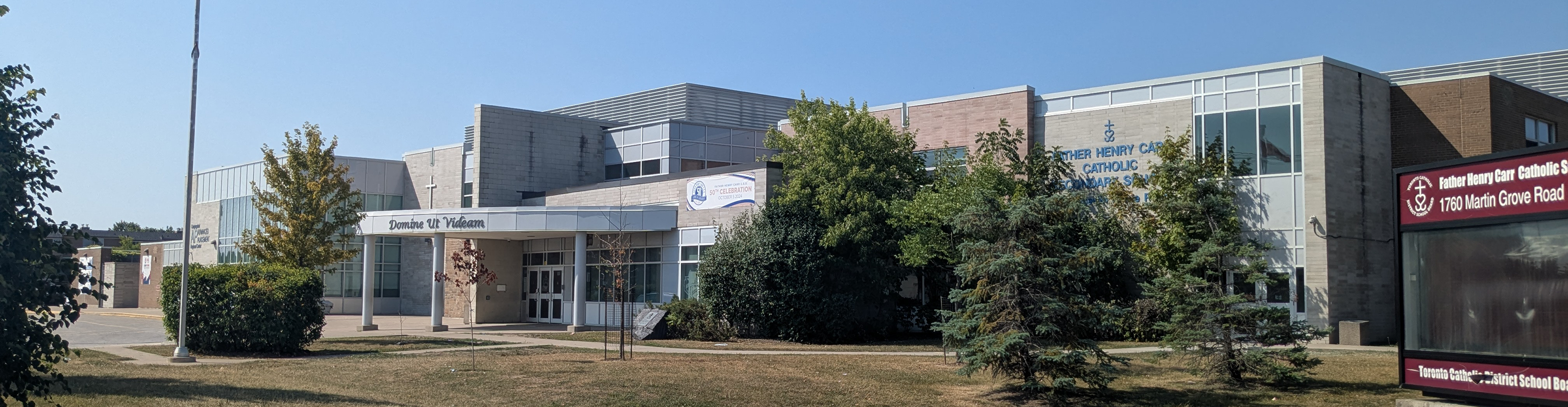 The front of the school building.