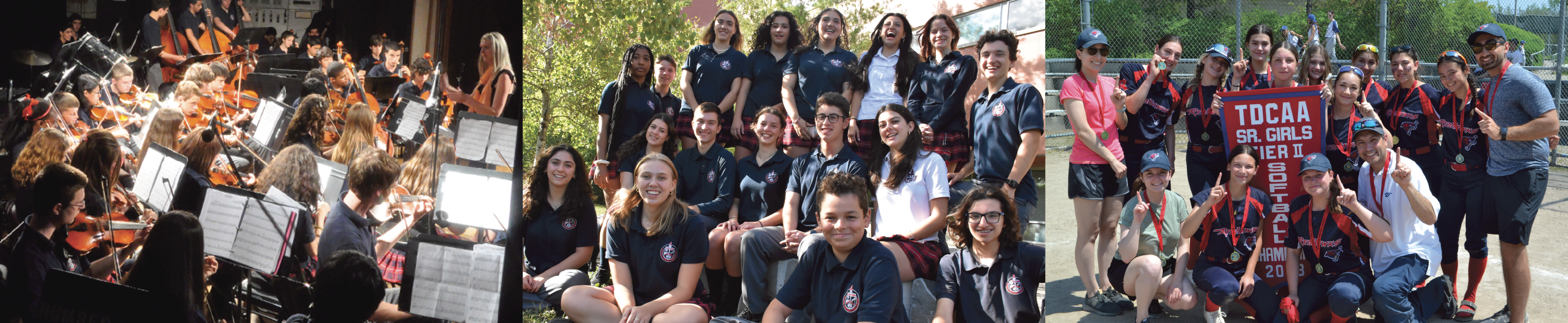 A picture consists of 3 images: left image has a group of students playing in a concert; middle image consists of a group of students smiling at the camera; right image consists of the senior girls softball team winning a tournament. 