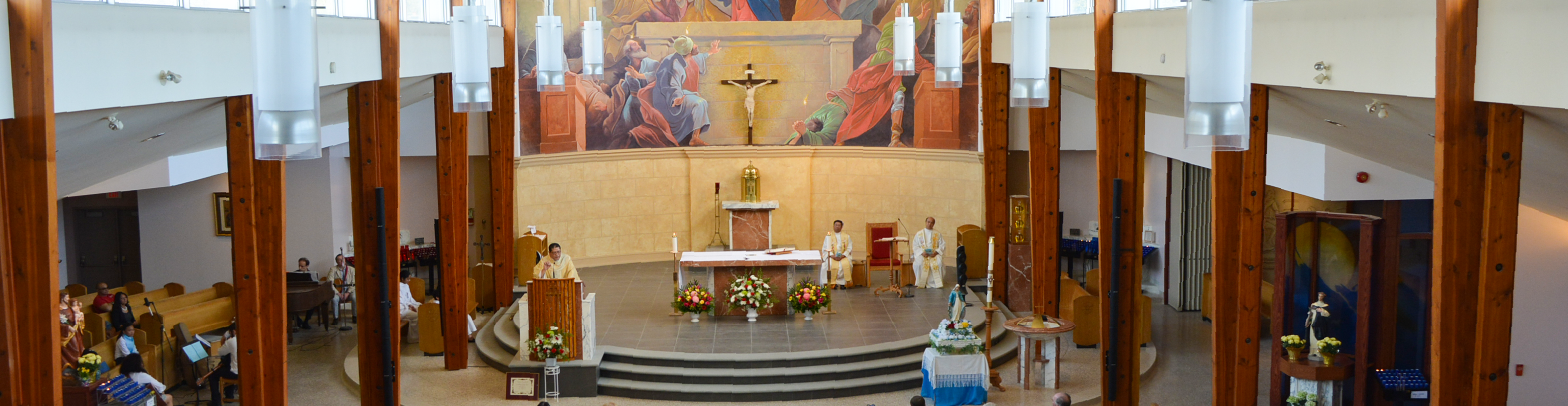 Wide shot of the front of a prayer hall.