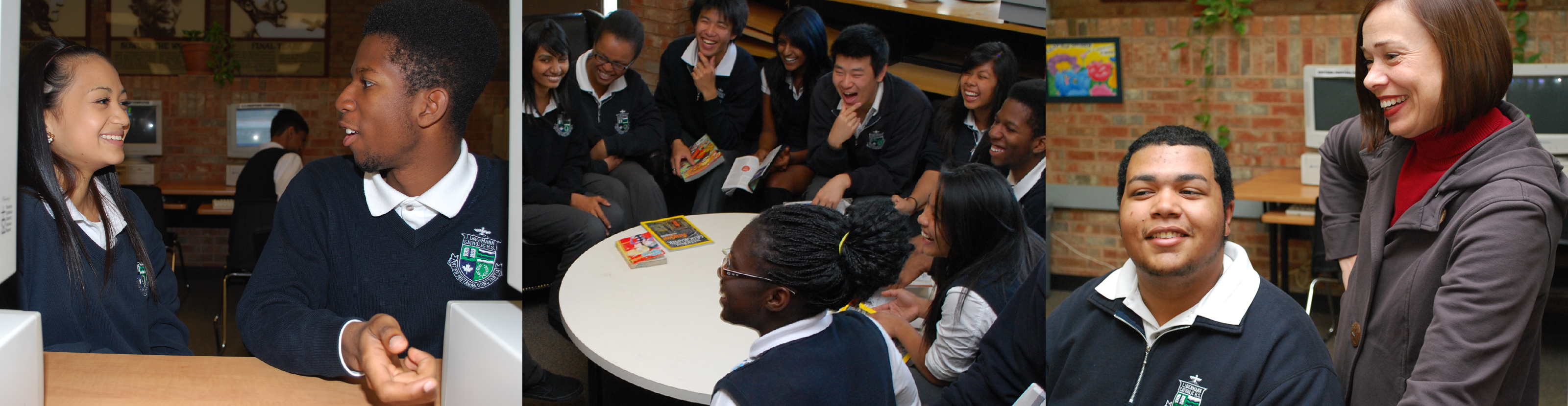 The first photo shows two students in uniform talking to each other in between computer terminals. The second photo is a group photo of students in uniform sitting around a reading table. The third photo shows a staff member laughing with a student in uniform.