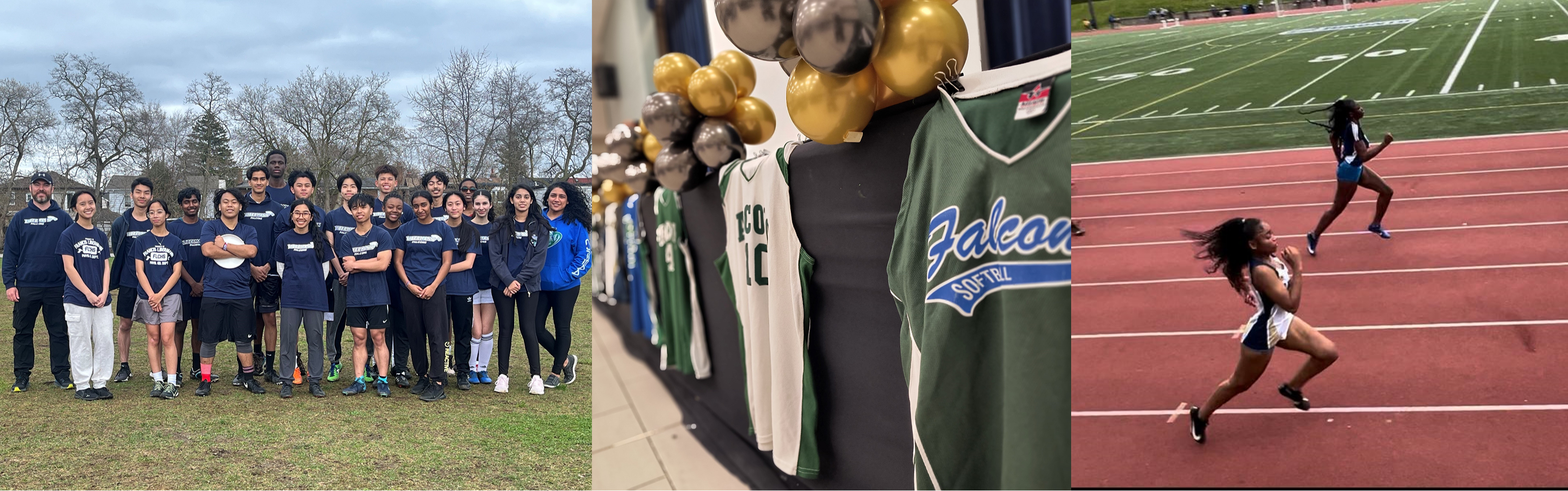 Three images. The first image is a group of students and teachers on a field, the second image is of jerseys hanging with balloons, the third picture is 2 girls running on a track.