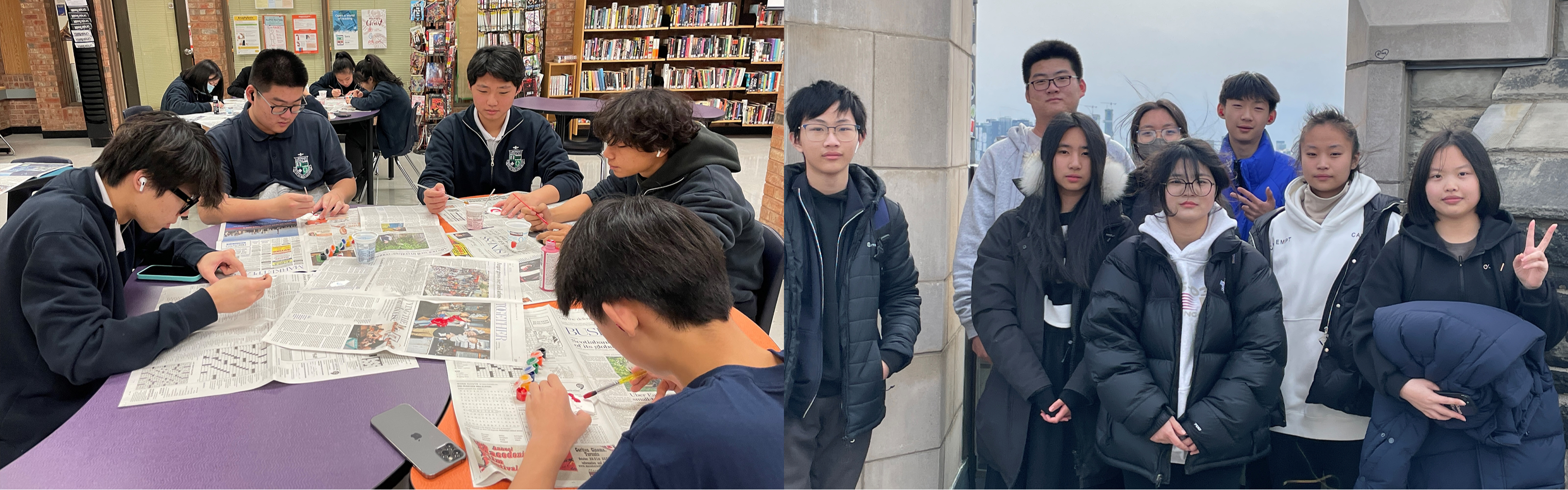 two images, the first image is students around a table reading a newspaper, the second is a group of students outside during the winter. 