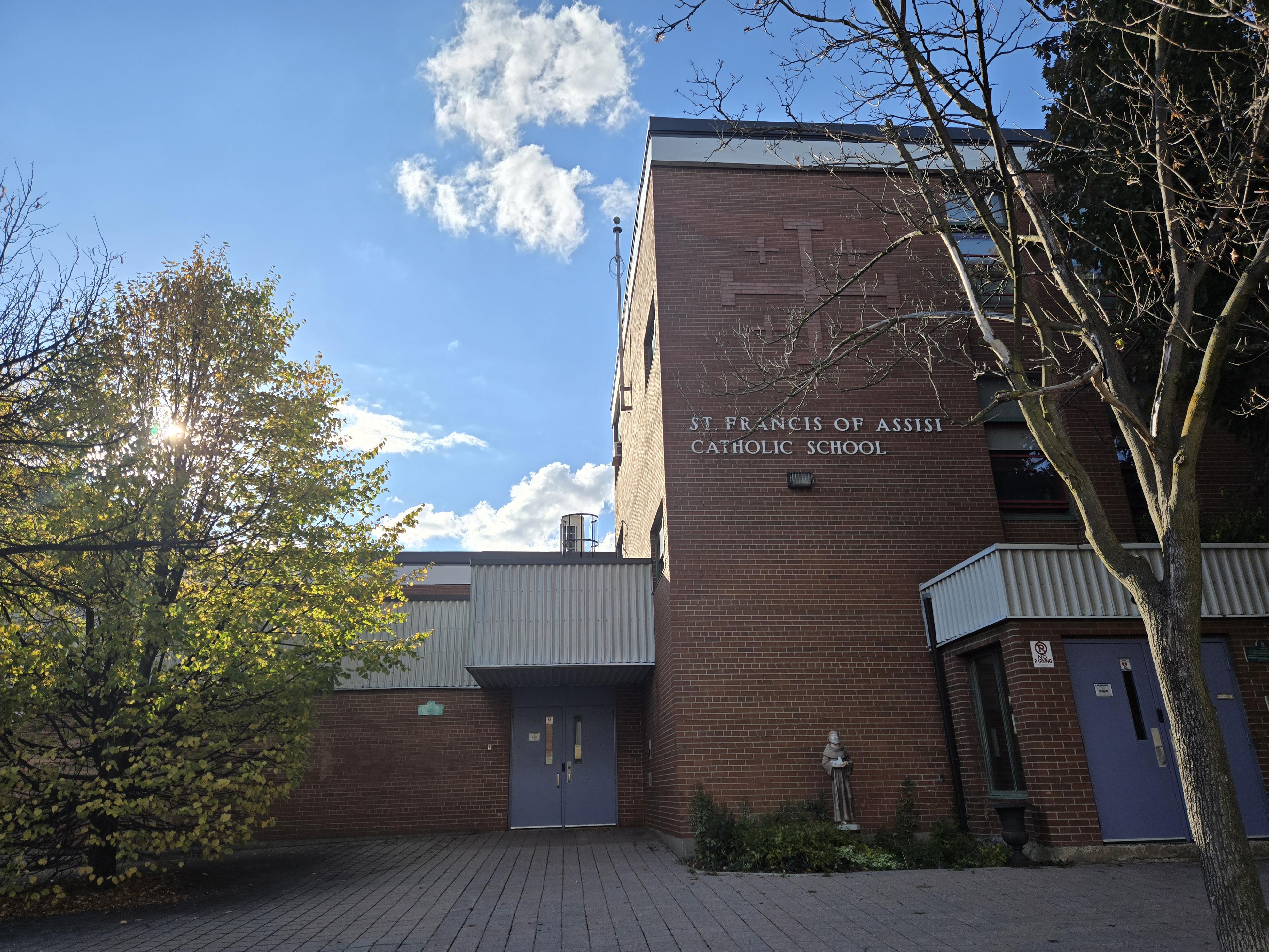 The front of the school building.
