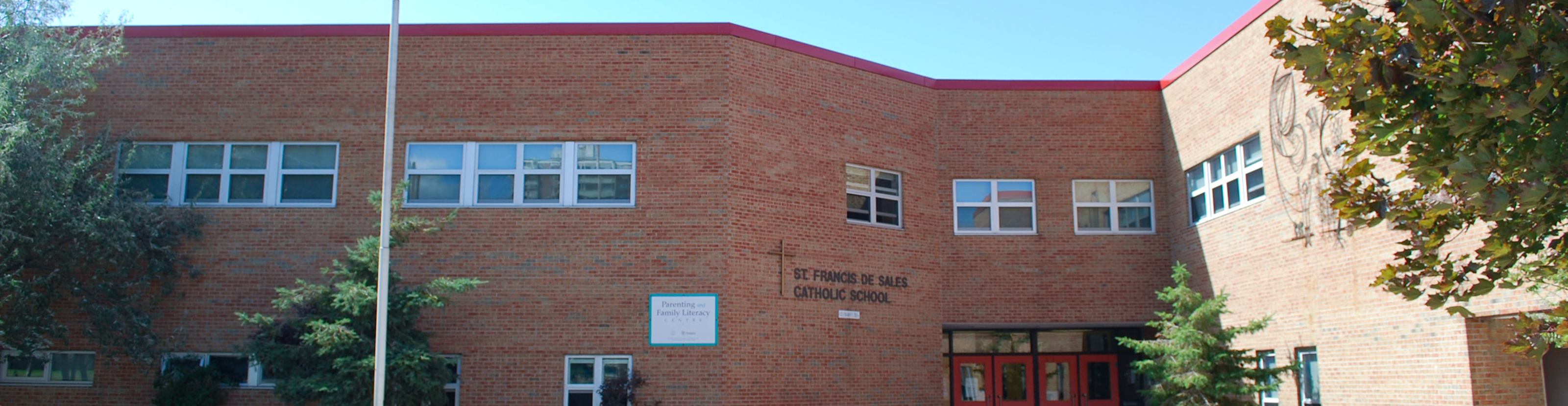 The front of the school building.