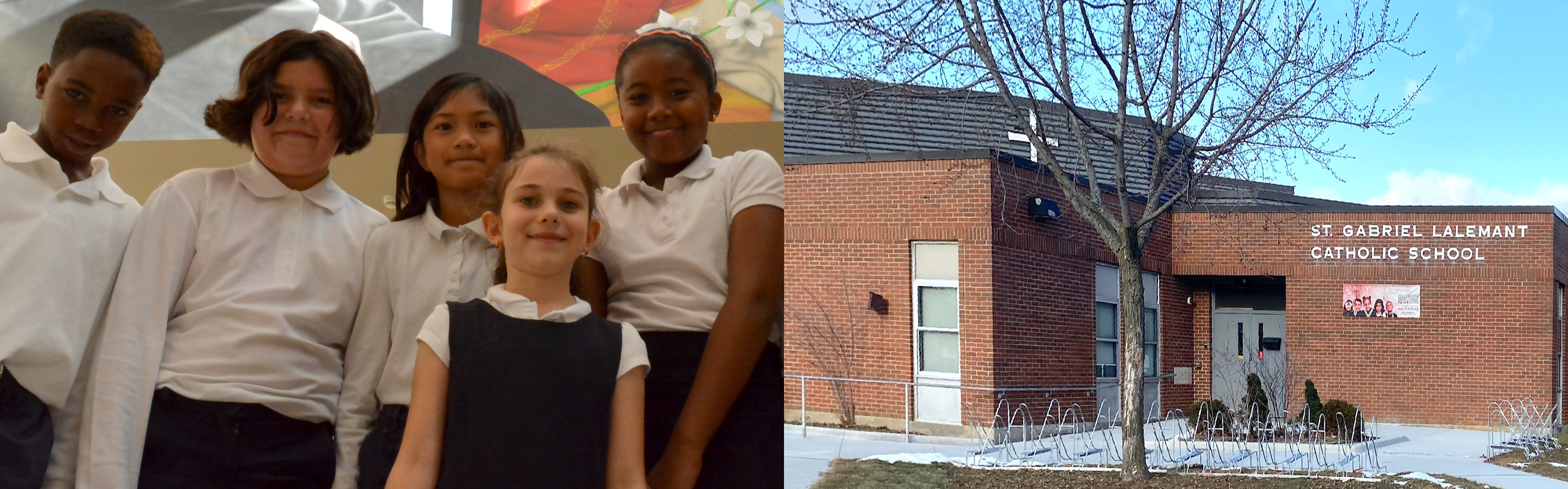 Left, a group of elementary students in white and navy school uniform. Right, the front of the St. Gabriel Lalemant Catholic School building.