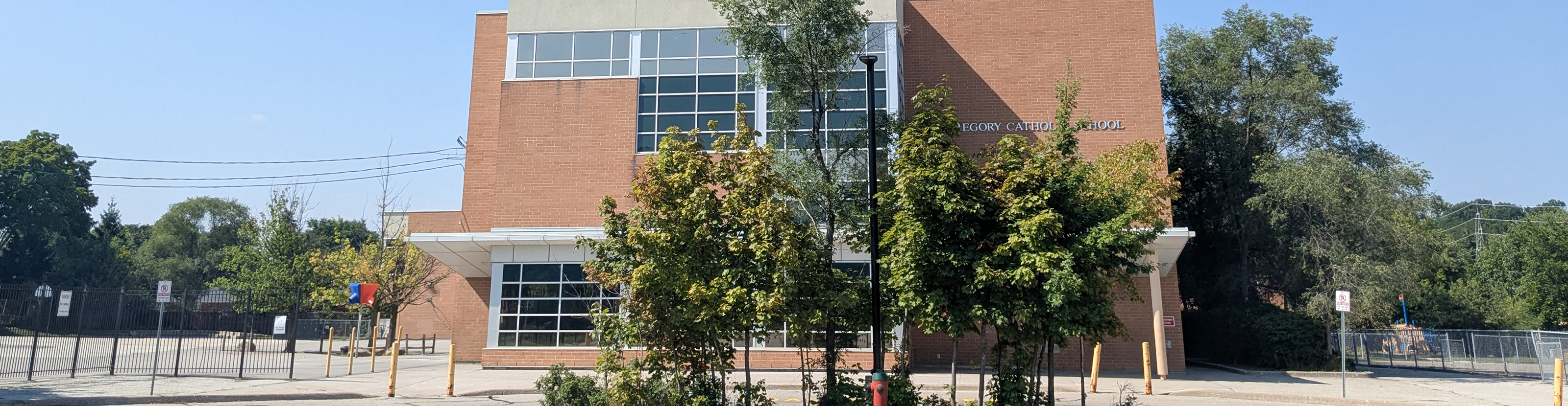 The front of the school building.