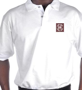 A white unisex golf shirt with the school logo embroidered on it