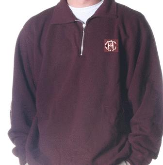 A burgundy zip polo sweatshirt with the school logo embroidered on it