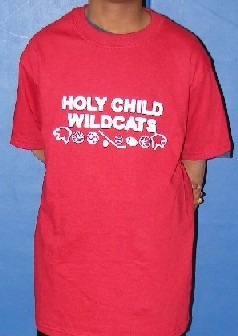 Red short sleeved shirt that reads "Holy Child Wildcats" in white text