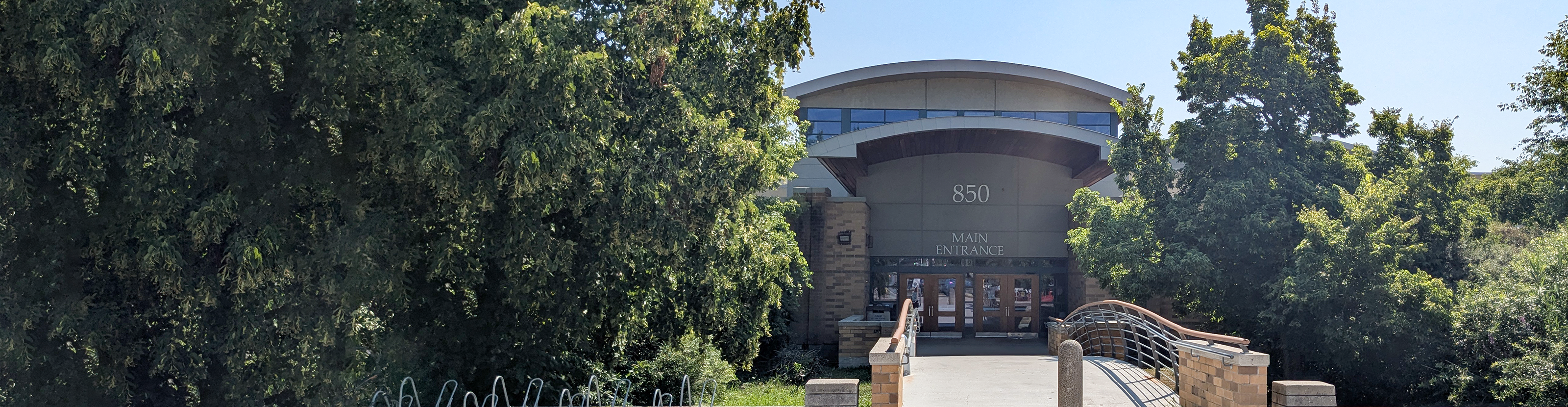 The front of the school building.