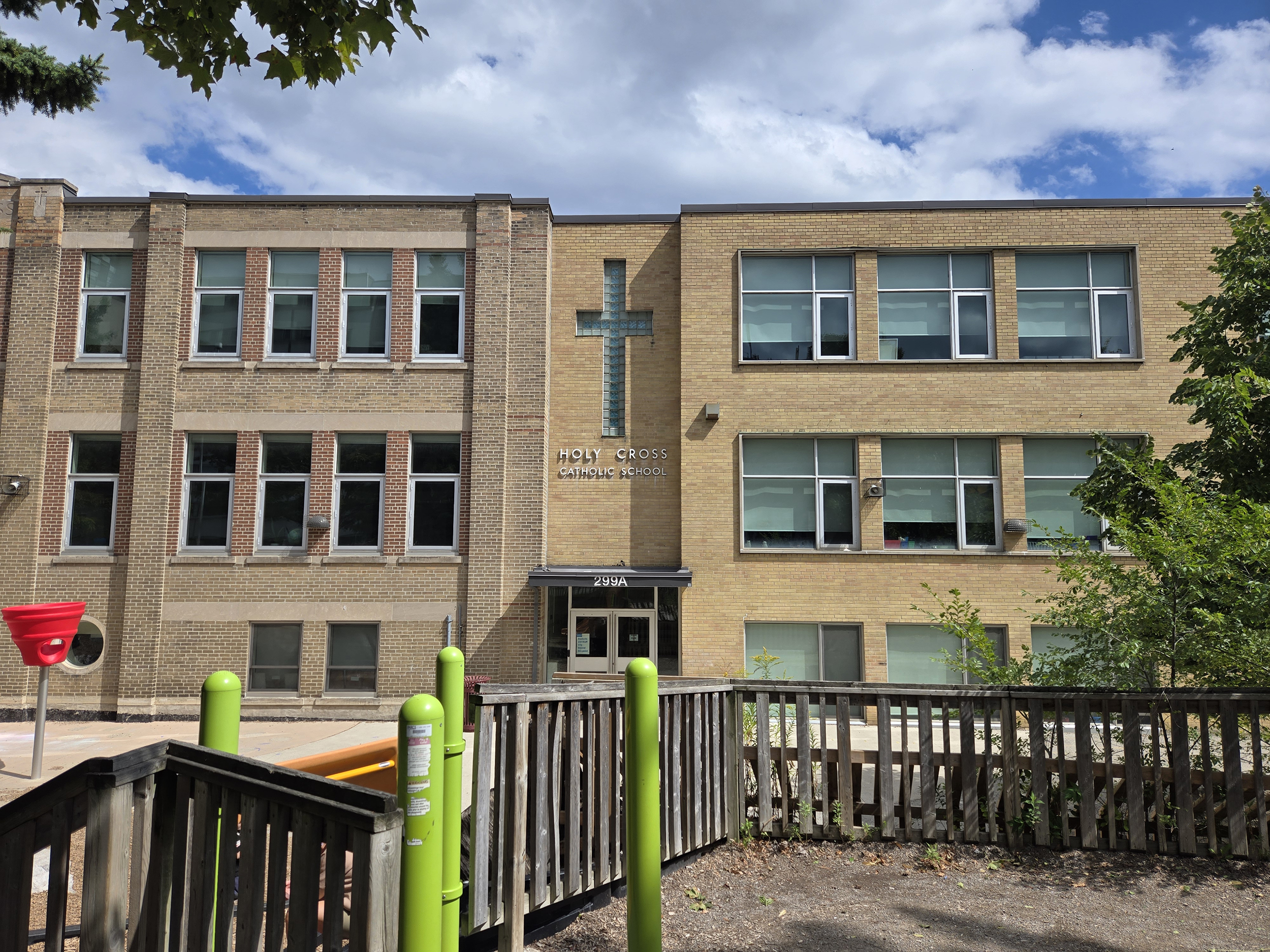 The front of the school building.