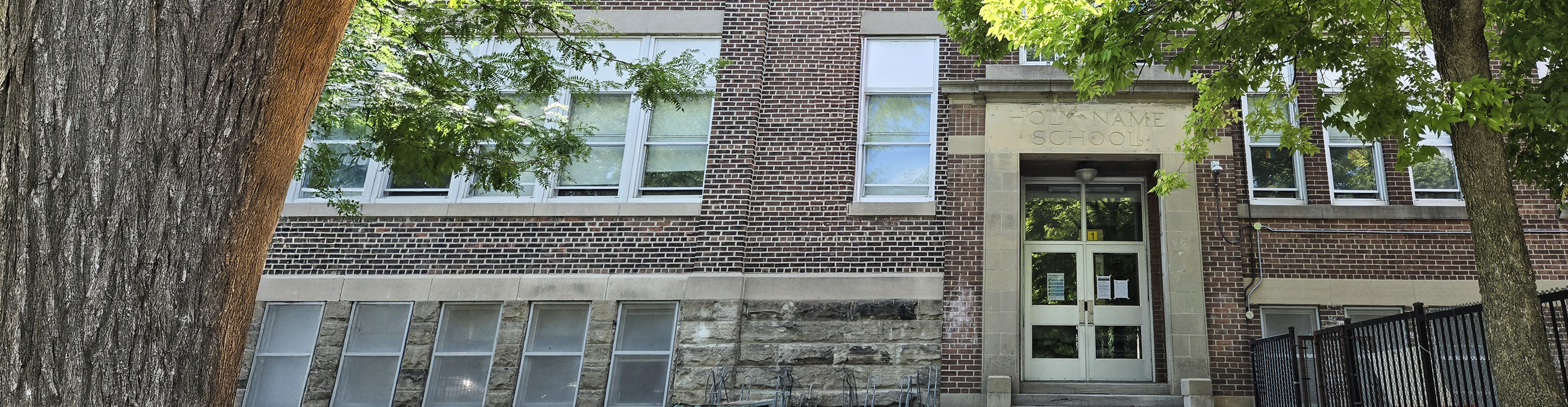 The front of the school building.