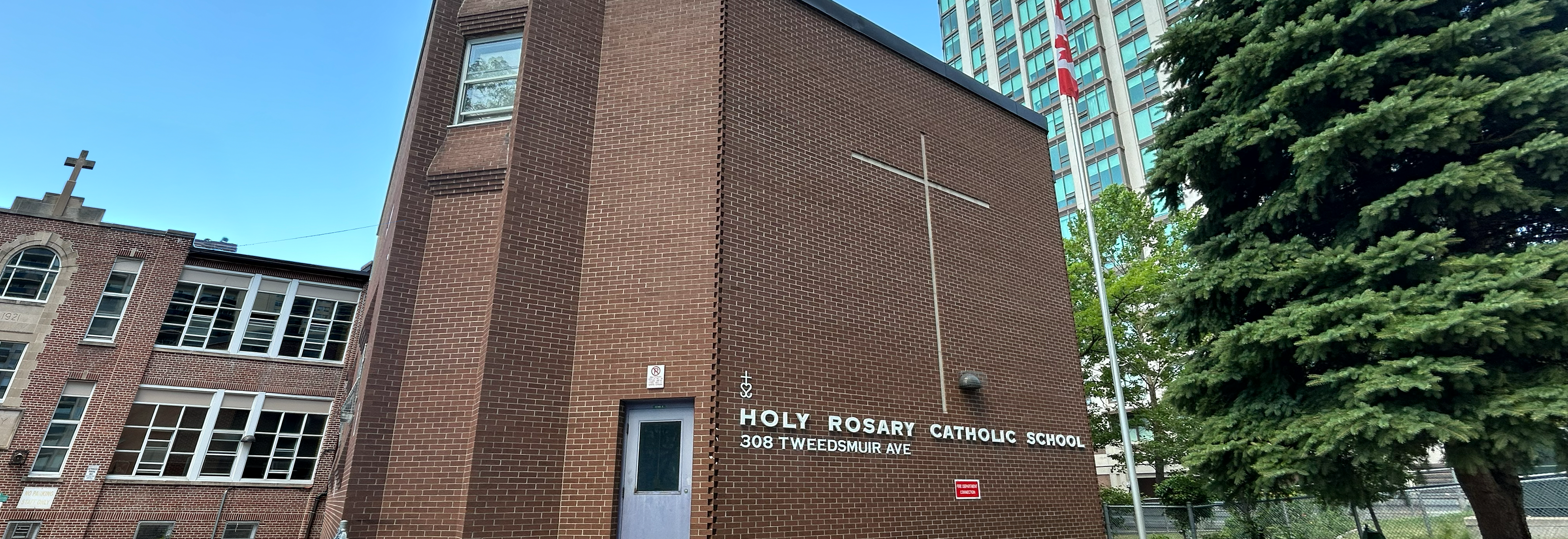 Front of the Holy Rosary Catholic School building