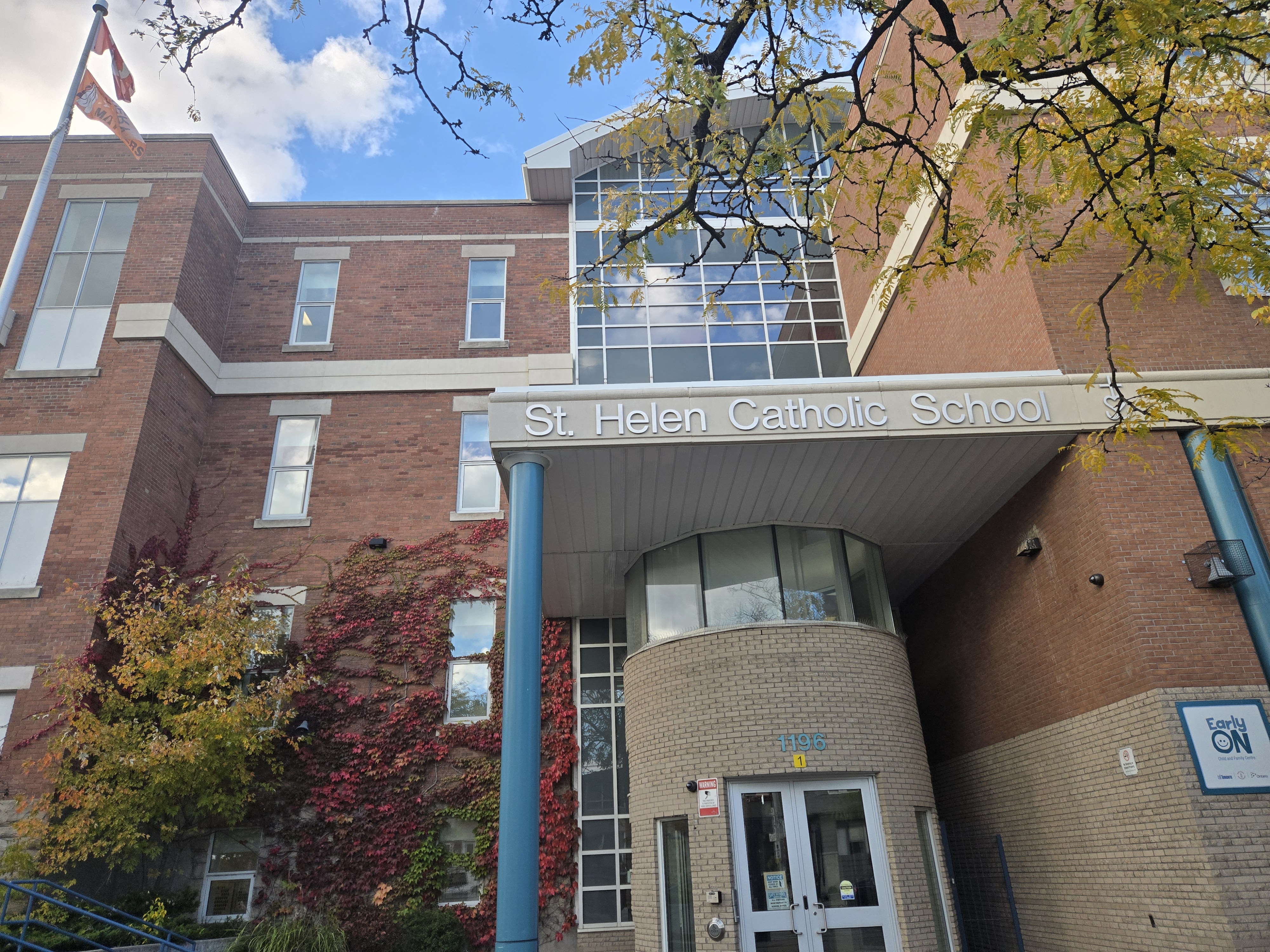 The front of the school building.