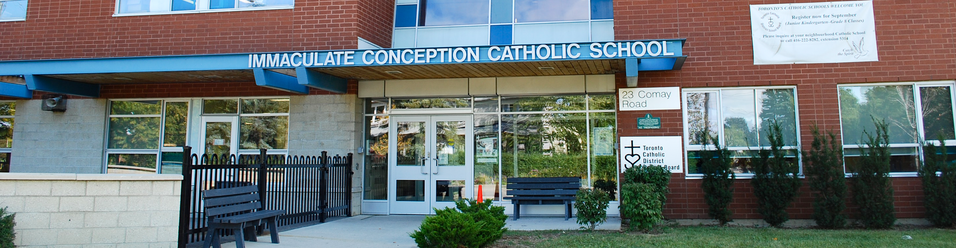 The front of the school building.