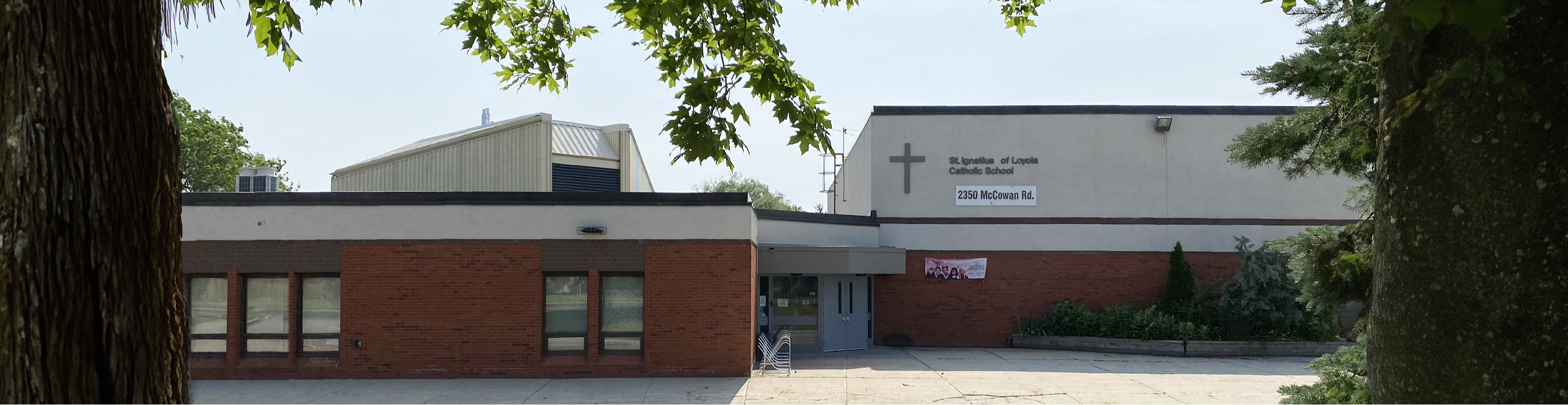 The front of the school building.