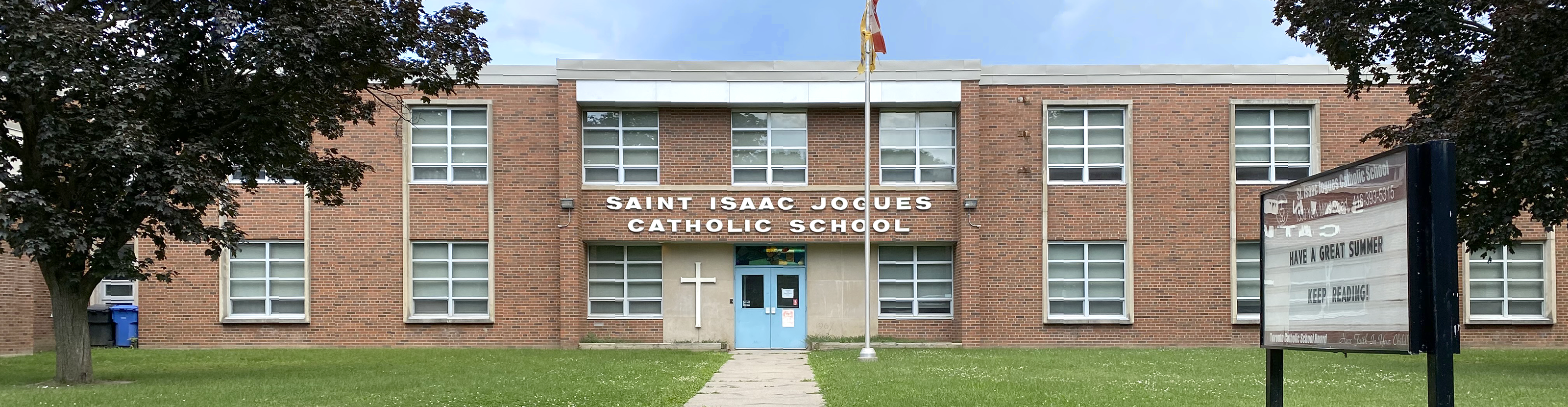 The front of the school building.