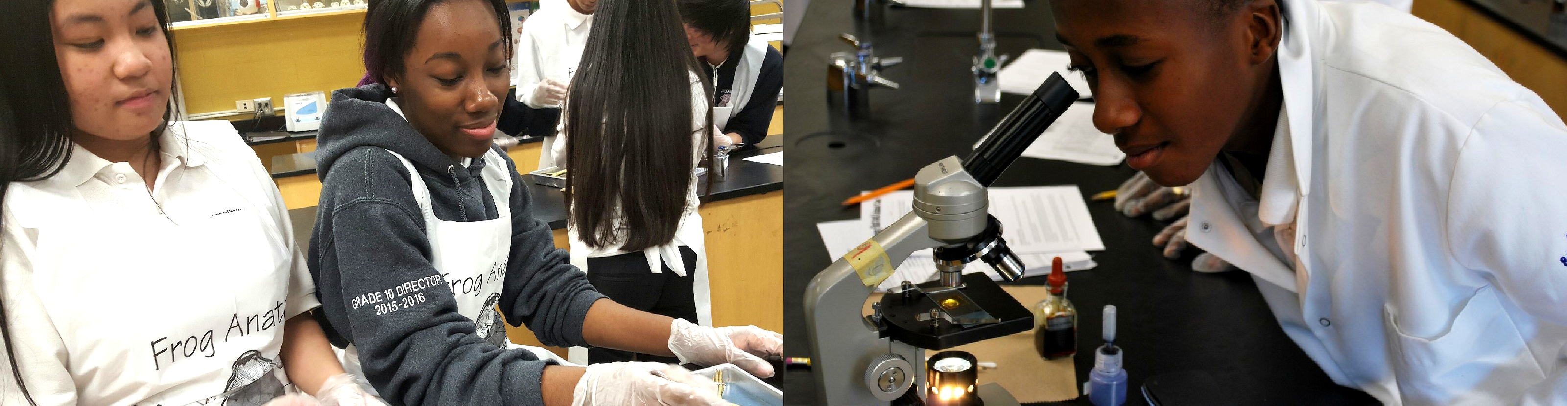 On the left, JCM students in science class. On the right, JCM students looking through microscope.