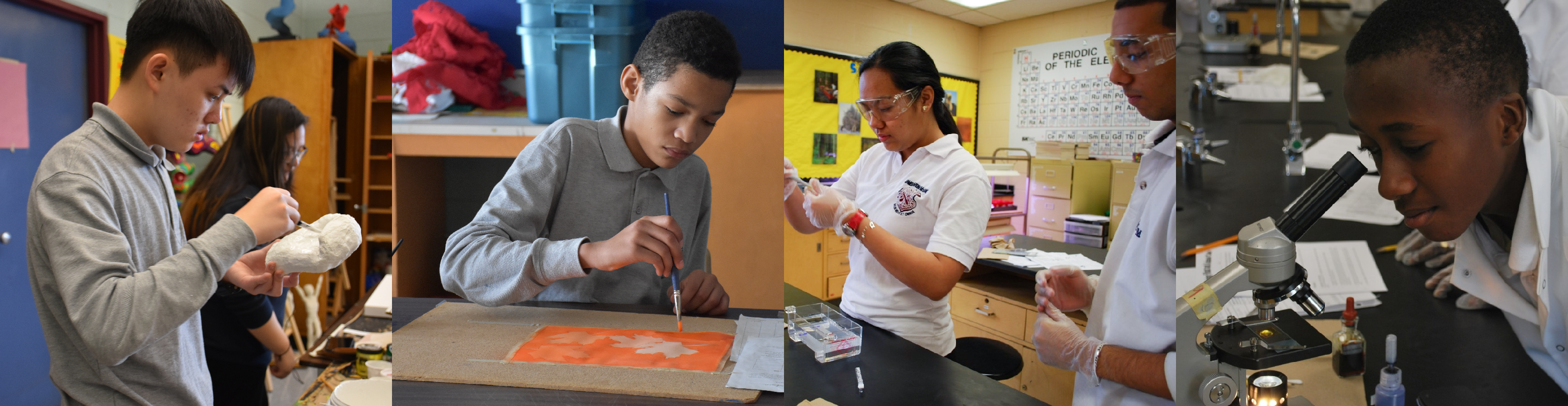 Four photos of students in uniform in art and science classes.