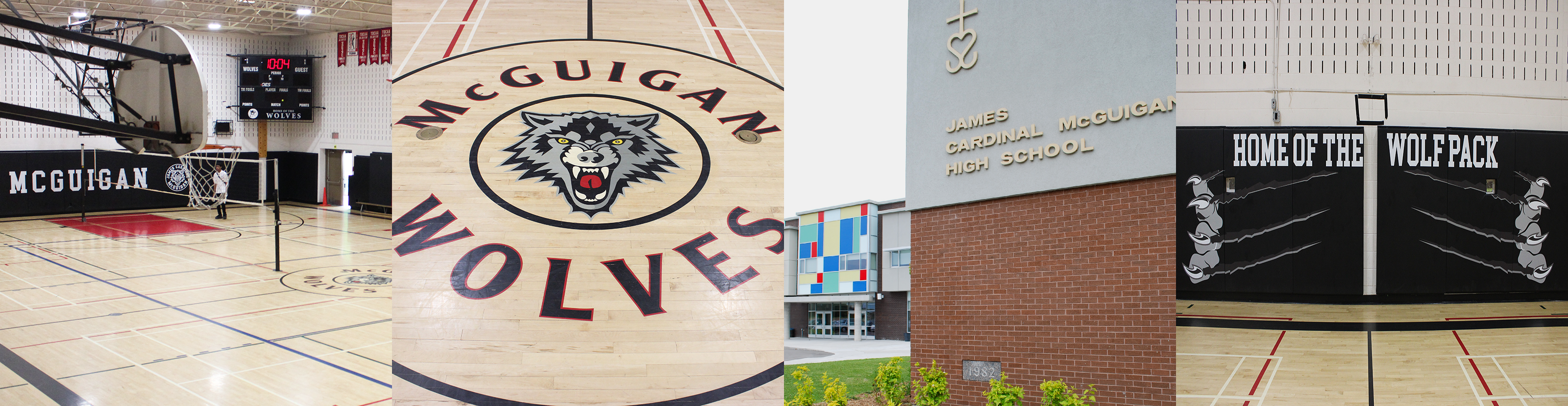 A banner made up of three photos of the inside of the JCM gymnasium, and one photo of the outside of the school building.