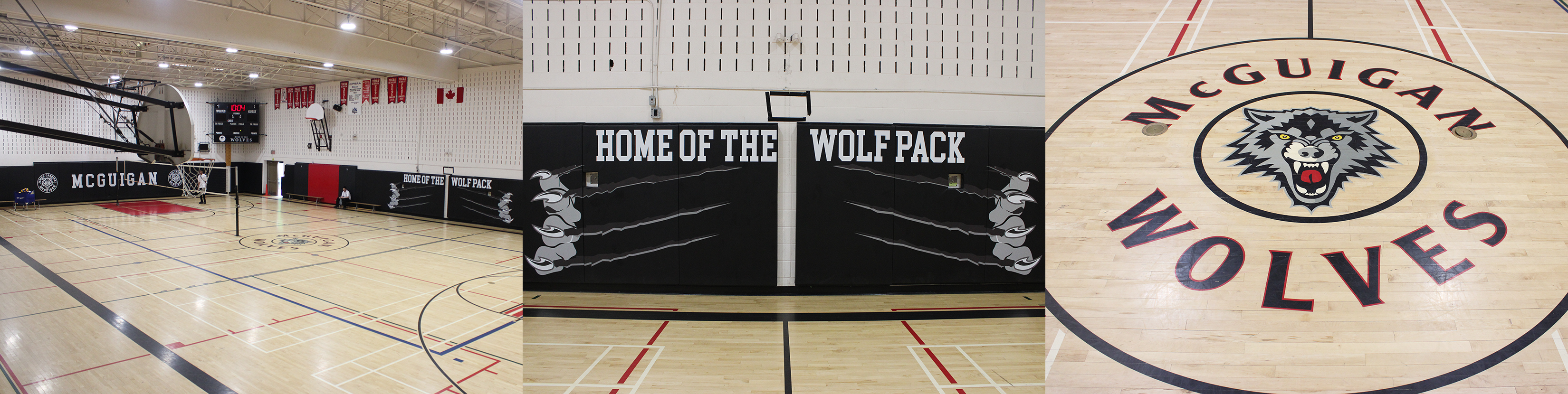 A banner made up of three photos of the inside of the JCM gymnasium